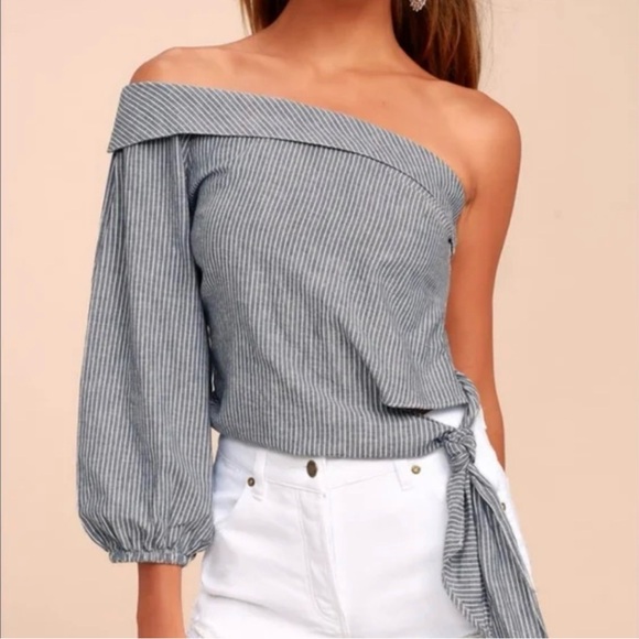 Free People Tops - Free People Get Down Blue Pinstripe One-Shoulder Tie Waist Top